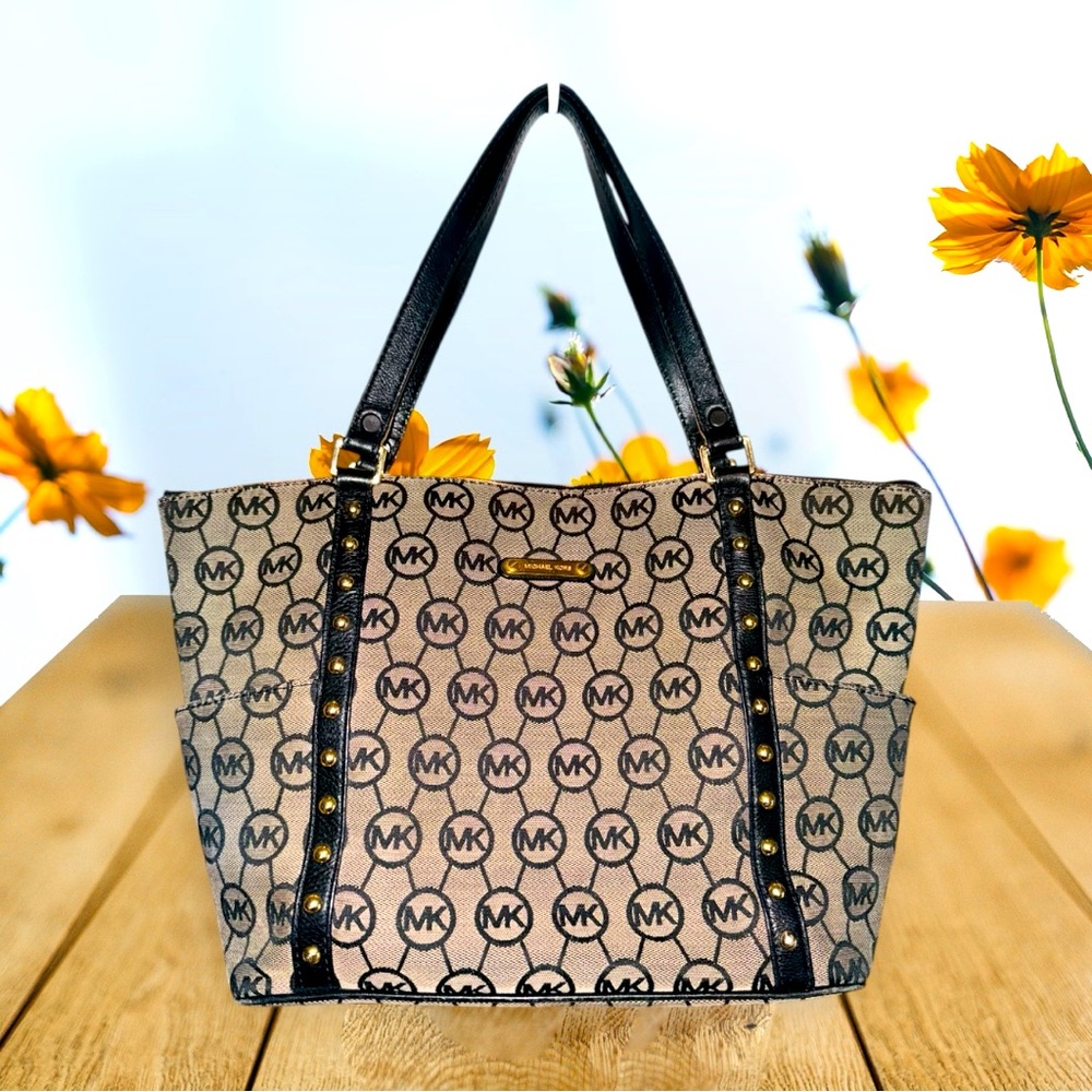 Michael Kors MK Studded Logo Tote Purse Authentic Jet Set Black Logo